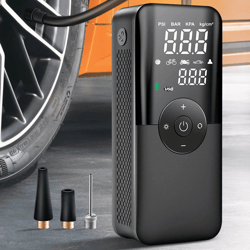 Compressor De Ar Portátil Recarregável 5 em 1 (Calibrador de Pneus, Bolas, Colchões, Lanterna e PowerBank)